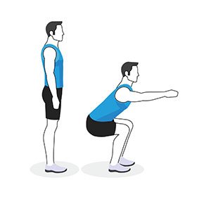 Instructional illustration of man doing a squat
