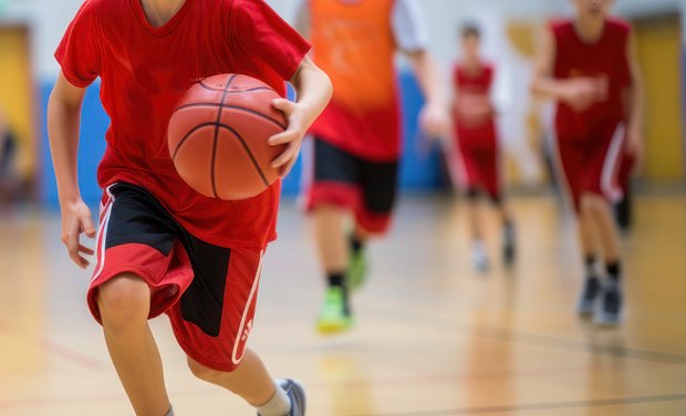 Friends playing basketball in gym