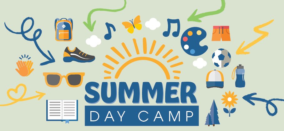 Summer Day Camp logo with icons of summer activities