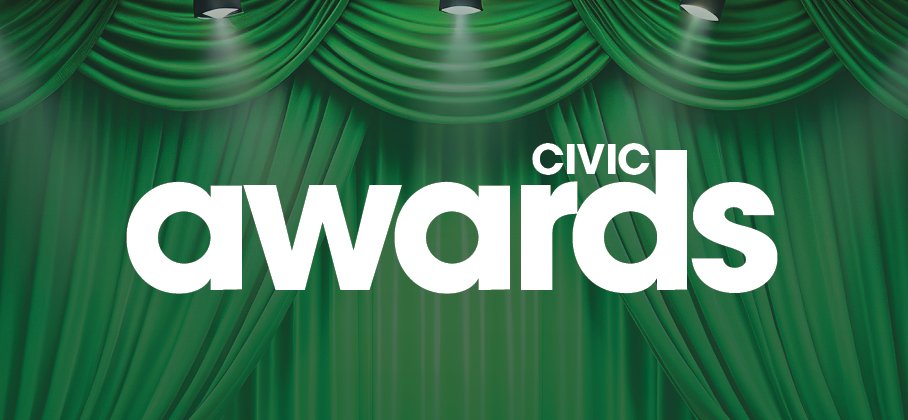 Curtain and spotlight with the words Civic Awards 